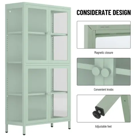 Four Glass Door Storage Cabinet With Adjustable Shelves And Feet Cold Rolled Steel Sideboard Furniture For Living Room Kitchen Mint Green 5