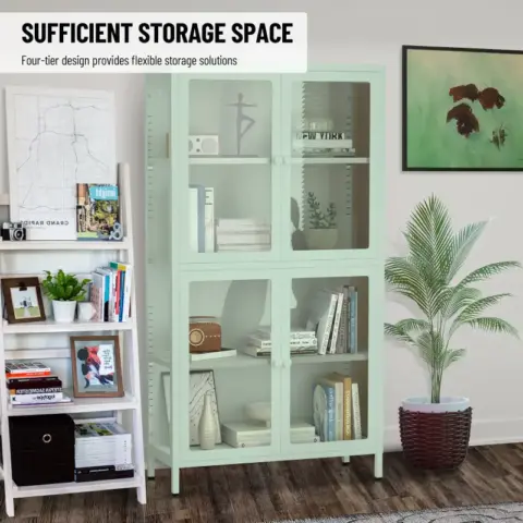 Four Glass Door Storage Cabinet With Adjustable Shelves And Feet Cold Rolled Steel Sideboard Furniture For Living Room Kitchen Mint Green 6