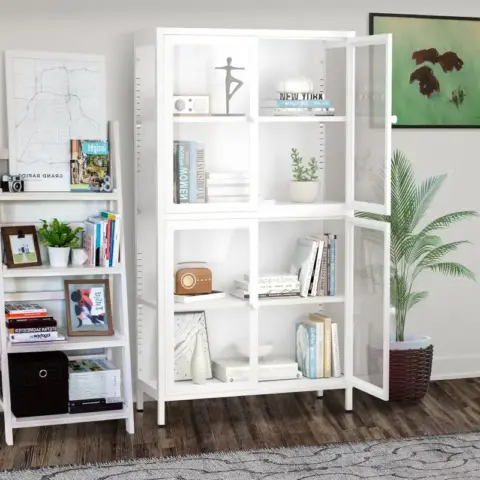 Four Glass Door Storage Cabinet With Adjustable Shelves And Feet Cold Rolled Steel Sideboard Furniture For Living Room Kitchen White 1
