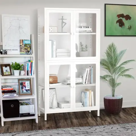 Four Glass Door Storage Cabinet With Adjustable Shelves And Feet Cold Rolled Steel Sideboard Furniture For Living Room Kitchen White 11