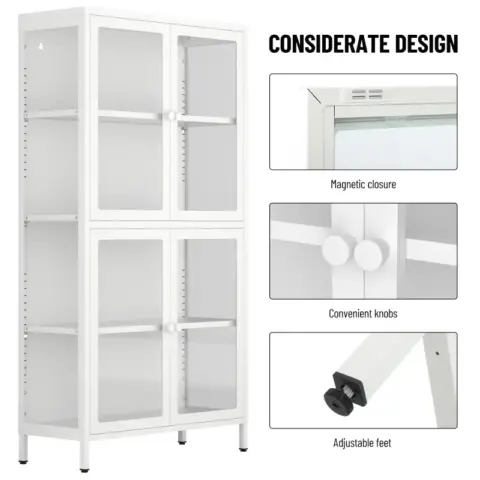 Four Glass Door Storage Cabinet With Adjustable Shelves And Feet Cold Rolled Steel Sideboard Furniture For Living Room Kitchen White 4