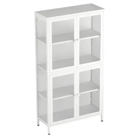 Four Glass Door Storage Cabinet With Adjustable Shelves And Feet Cold Rolled Steel Sideboard Furniture For Living Room Kitchen White 7