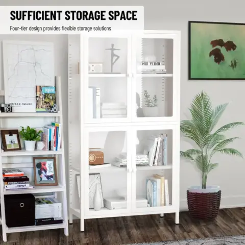 Four Glass Door Storage Cabinet With Adjustable Shelves And Feet Cold Rolled Steel Sideboard Furniture For Living Room Kitchen White 8