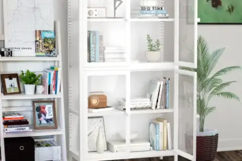 Four Glass Door Storage Cabinet With Adjustable Shelves And Feet Cold Rolled Steel Sideboard Furniture For Living Room Kitchen White