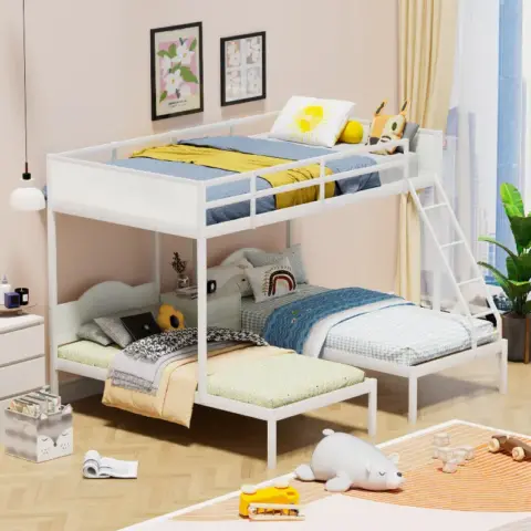 Full Over Twin & Twin Bunk Bed Metal Triple Bed With Nightstand And Guardrails 1