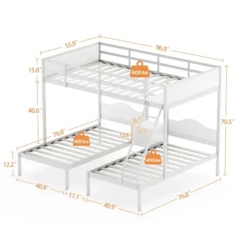 Full Over Twin & Twin Bunk Bed Metal Triple Bed With Nightstand And Guardrails 14