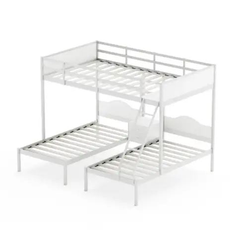 Full Over Twin & Twin Bunk Bed Metal Triple Bed With Nightstand And Guardrails 16