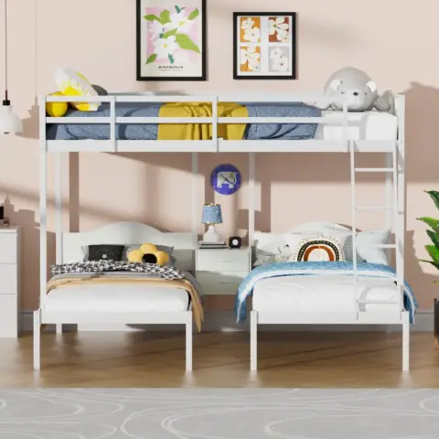 Full Over Twin & Twin Bunk Bed Metal Triple Bed With Nightstand And Guardrails 2