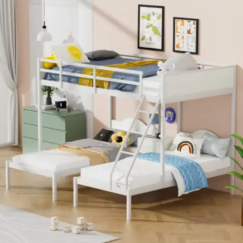 Full Over Twin & Twin Bunk Bed Metal Triple Bed With Nightstand And Guardrails 4