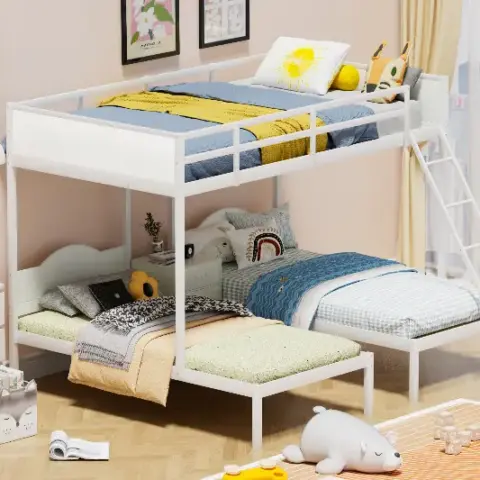 Full Over Twin & Twin Bunk Bed Metal Triple Bed With Nightstand And Guardrails 5
