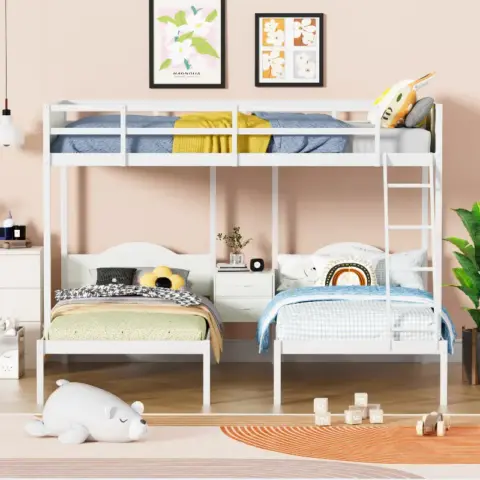 Full Over Twin & Twin Bunk Bed Metal Triple Bed With Nightstand And Guardrails 6