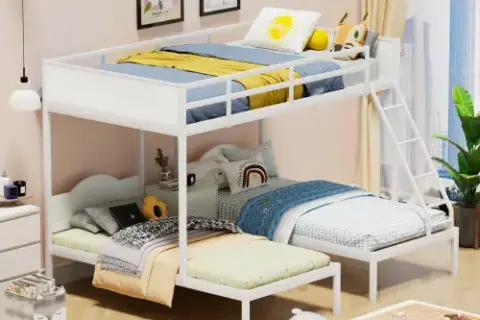 Full Over Twin & Twin Bunk Bed Metal Triple Bed With Nightstand And Guardrails