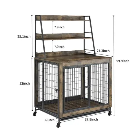 Furniture Type Dog Cage Iron Frame Door With Cabinet, Two Door Design, Rustic Brown 10