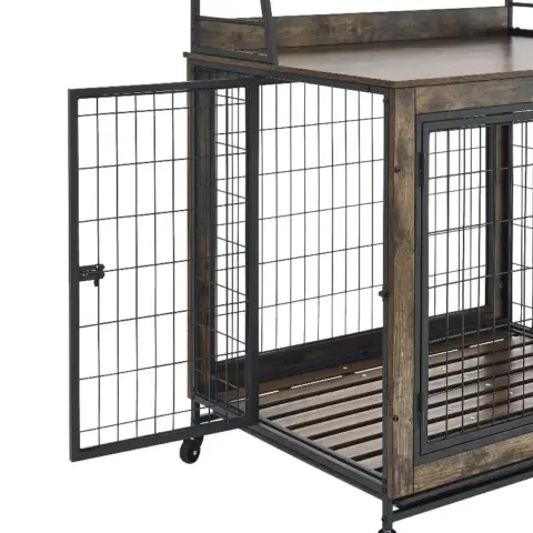 Furniture Type Dog Cage Iron Frame Door With Cabinet, Two Door Design, Rustic Brown 3