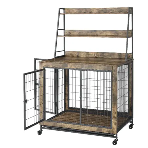 Furniture Type Dog Cage Iron Frame Door With Cabinet, Two Door Design, Rustic Brown 4