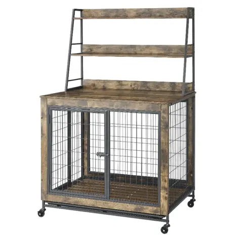 Furniture Type Dog Cage Iron Frame Door With Cabinet, Two Door Design, Rustic Brown 5