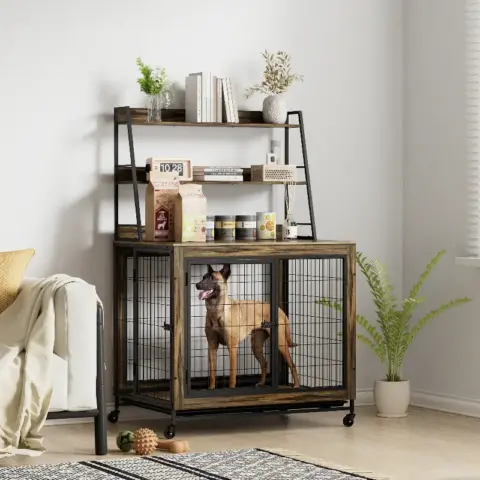 Furniture Type Dog Cage Iron Frame Door With Cabinet, Two Door Design, Rustic Brown 6