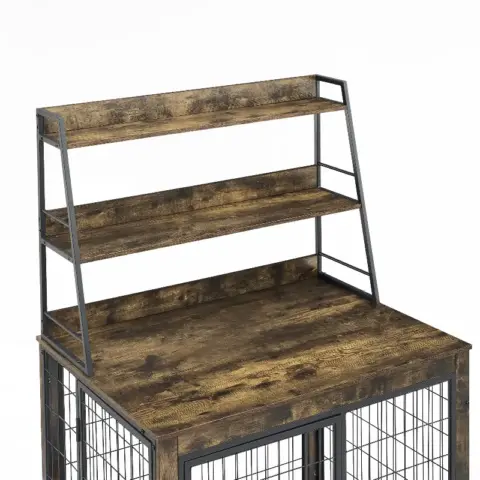Furniture Type Dog Cage Iron Frame Door With Cabinet, Two Door Design, Rustic Brown 8