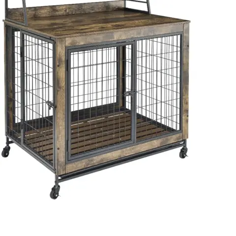 Furniture Type Dog Cage Iron Frame Door With Cabinet, Two Door Design, Rustic Brown 9