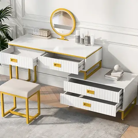 Go Modern Style Vanity Table With Movable Side Cabinet And 4 Drawers, Large Size Dressing Table With Mirror And 3 Colors Led Light, Makeup Table With Stool 10