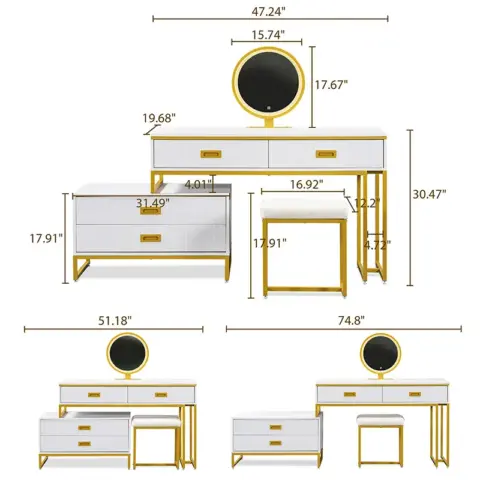 Go Modern Style Vanity Table With Movable Side Cabinet And 4 Drawers, Large Size Dressing Table With Mirror And 3 Colors Led Light, Makeup Table With Stool 11