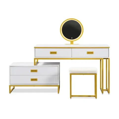 Go Modern Style Vanity Table With Movable Side Cabinet And 4 Drawers, Large Size Dressing Table With Mirror And 3 Colors Led Light, Makeup Table With Stool 17