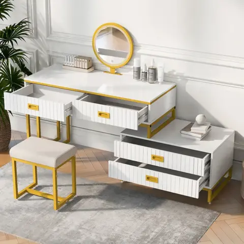 Go Modern Style Vanity Table With Movable Side Cabinet And 4 Drawers, Large Size Dressing Table With Mirror And 3 Colors Led Light, Makeup Table With Stool 18