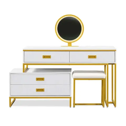 Go Modern Style Vanity Table With Movable Side Cabinet And 4 Drawers, Large Size Dressing Table With Mirror And 3 Colors Led Light, Makeup Table With Stool 19