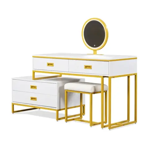 Go Modern Style Vanity Table With Movable Side Cabinet And 4 Drawers, Large Size Dressing Table With Mirror And 3 Colors Led Light, Makeup Table With Stool 21