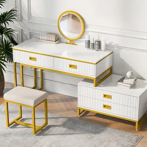 Go Modern Style Vanity Table With Movable Side Cabinet And 4 Drawers, Large Size Dressing Table With Mirror And 3 Colors Led Light, Makeup Table With Stool 24