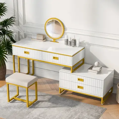 Go Modern Style Vanity Table With Movable Side Cabinet And 4 Drawers, Large Size Dressing Table With Mirror And 3 Colors Led Light, Makeup Table With Stool 25