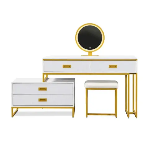 Go Modern Style Vanity Table With Movable Side Cabinet And 4 Drawers, Large Size Dressing Table With Mirror And 3 Colors Led Light, Makeup Table With Stool 3