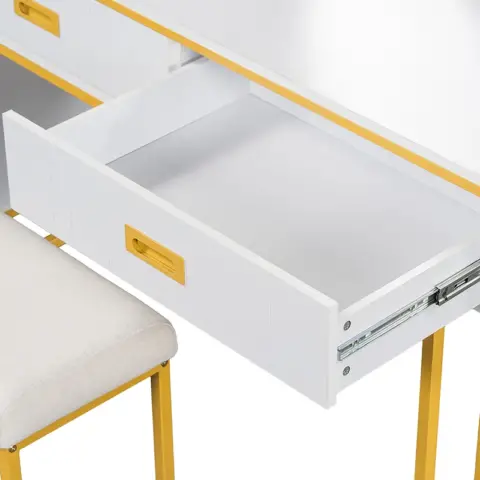 Go Modern Style Vanity Table With Movable Side Cabinet And 4 Drawers, Large Size Dressing Table With Mirror And 3 Colors Led Light, Makeup Table With Stool 4
