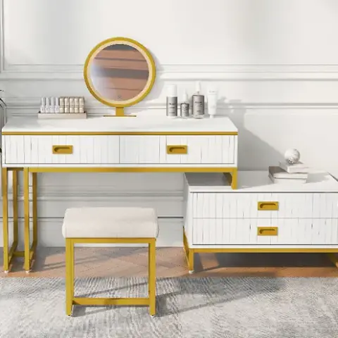 Go Modern Style Vanity Table With Movable Side Cabinet And 4 Drawers, Large Size Dressing Table With Mirror And 3 Colors Led Light, Makeup Table With Stool 5
