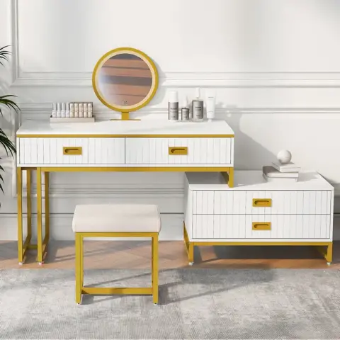 Go Modern Style Vanity Table With Movable Side Cabinet And 4 Drawers, Large Size Dressing Table With Mirror And 3 Colors Led Light, Makeup Table With Stool 7
