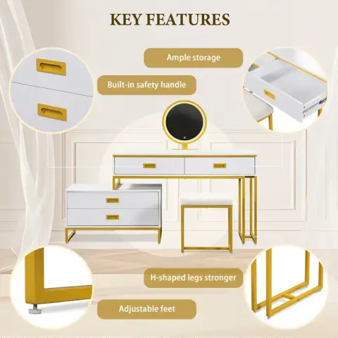 Go Modern Style Vanity Table With Movable Side Cabinet And 4 Drawers, Large Size Dressing Table With Mirror And 3 Colors Led Light, Makeup Table With Stool 8