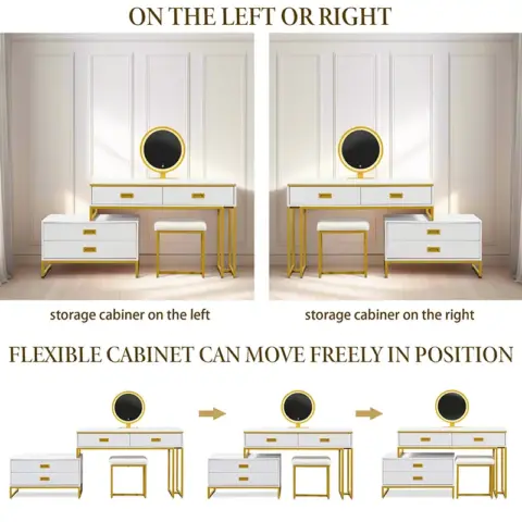 Go Modern Style Vanity Table With Movable Side Cabinet And 4 Drawers, Large Size Dressing Table With Mirror And 3 Colors Led Light, Makeup Table With Stool 9