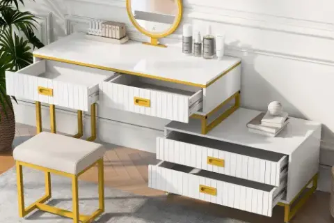 Go Modern Style Vanity Table With Movable Side Cabinet And 4 Drawers, Large Size Dressing Table With Mirror And 3 Colors Led Light, Makeup Table With Stool