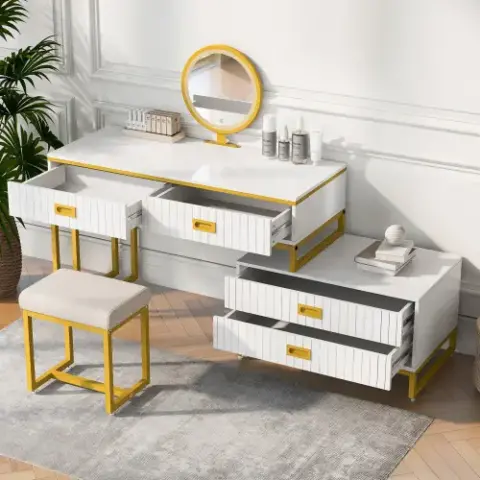 Modern Style Vanity Table With Movable Side Cabinet And 4-Drawers, Large Size Dressing Table With Mirror and 3-colors LED Light, Makeup Table