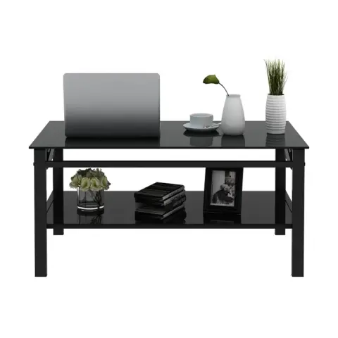 Glass Lift Top Coffee Table, Modern Simple 2 Layer Tempered Glass Coffee Table For Living Room, Black 1