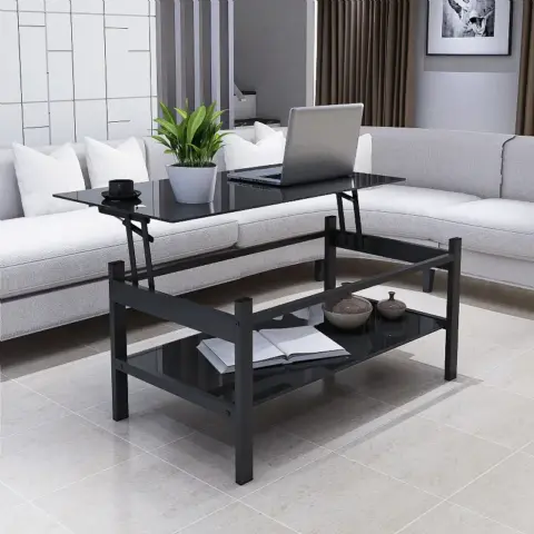 Glass Lift Top Coffee Table, Modern Simple 2 Layer Tempered Glass Coffee Table For Living Room, Black 2