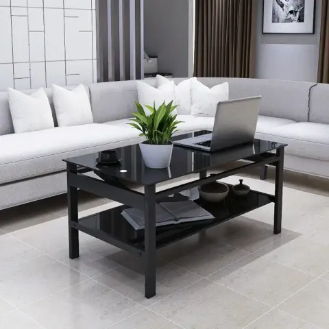 Glass Lift Top Coffee Table, Modern Simple 2 Layer Tempered Glass Coffee Table For Living Room, Black 4
