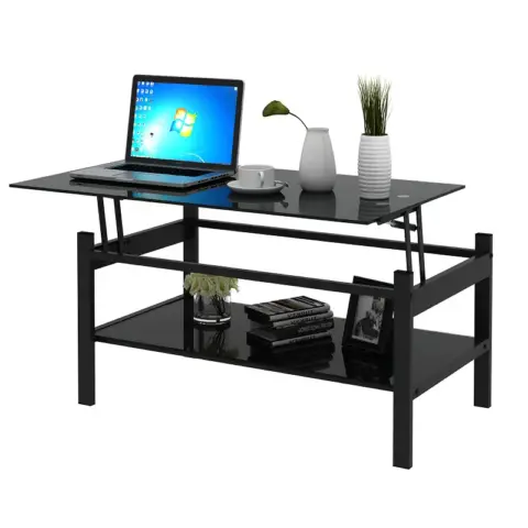Glass Lift Top Coffee Table, Modern Simple 2 Layer Tempered Glass Coffee Table For Living Room, Black 7