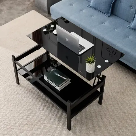 Glass Lift Top Coffee Table, Modern Simple 2 Layer Tempered Glass Coffee Table For Living Room, Black 8