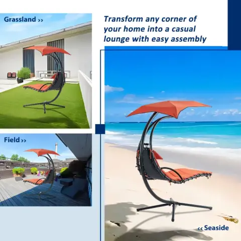 Hanging Chaise Lounger With Removable Canopy, Outdoor Swing Chair With Built In Pillow, Hanging Curved Chaise Lounge Chair, Hammock Chair With Stand 3