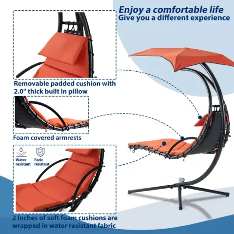 Hanging Chaise Lounger With Removable Canopy, Outdoor Swing Chair With Built In Pillow, Hanging Curved Chaise Lounge Chair, Hammock Chair With Stand 7