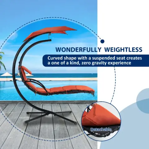 Hanging Chaise Lounger With Removable Canopy, Outdoor Swing Chair With Built In Pillow, Hanging Curved Chaise Lounge Chair, Hammock Chair With Stand 8