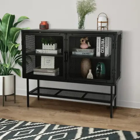 Double Door Cabinet Console Table with 2 Mesh Doors Adjustable Shelf and Feet Bottom Shelf Anti-Tip Dust-free Kitchen Credenza Sideboard Frosted