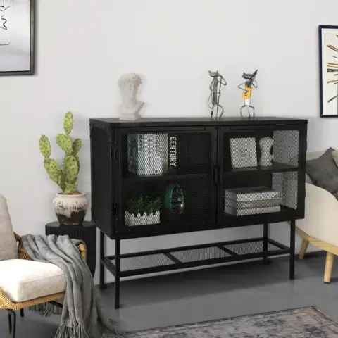 Double Door Cabinet Console Table with 2 Mesh Doors Adjustable Shelf and Feet Bottom Shelf Anti-Tip Dust-free Kitchen Credenza Sideboard Frosted