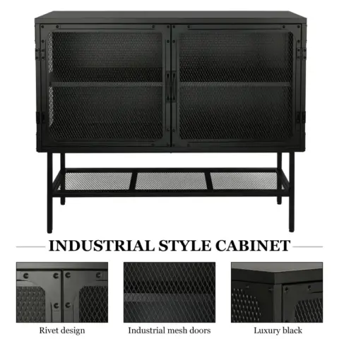 Double Door Cabinet Console Table with 2 Mesh Doors Adjustable Shelf and Feet Bottom Shelf Anti-Tip Dust-free Kitchen Credenza Sideboard Frosted
